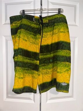 AFTCO Yellow and Green Men's Swim Board Shorts